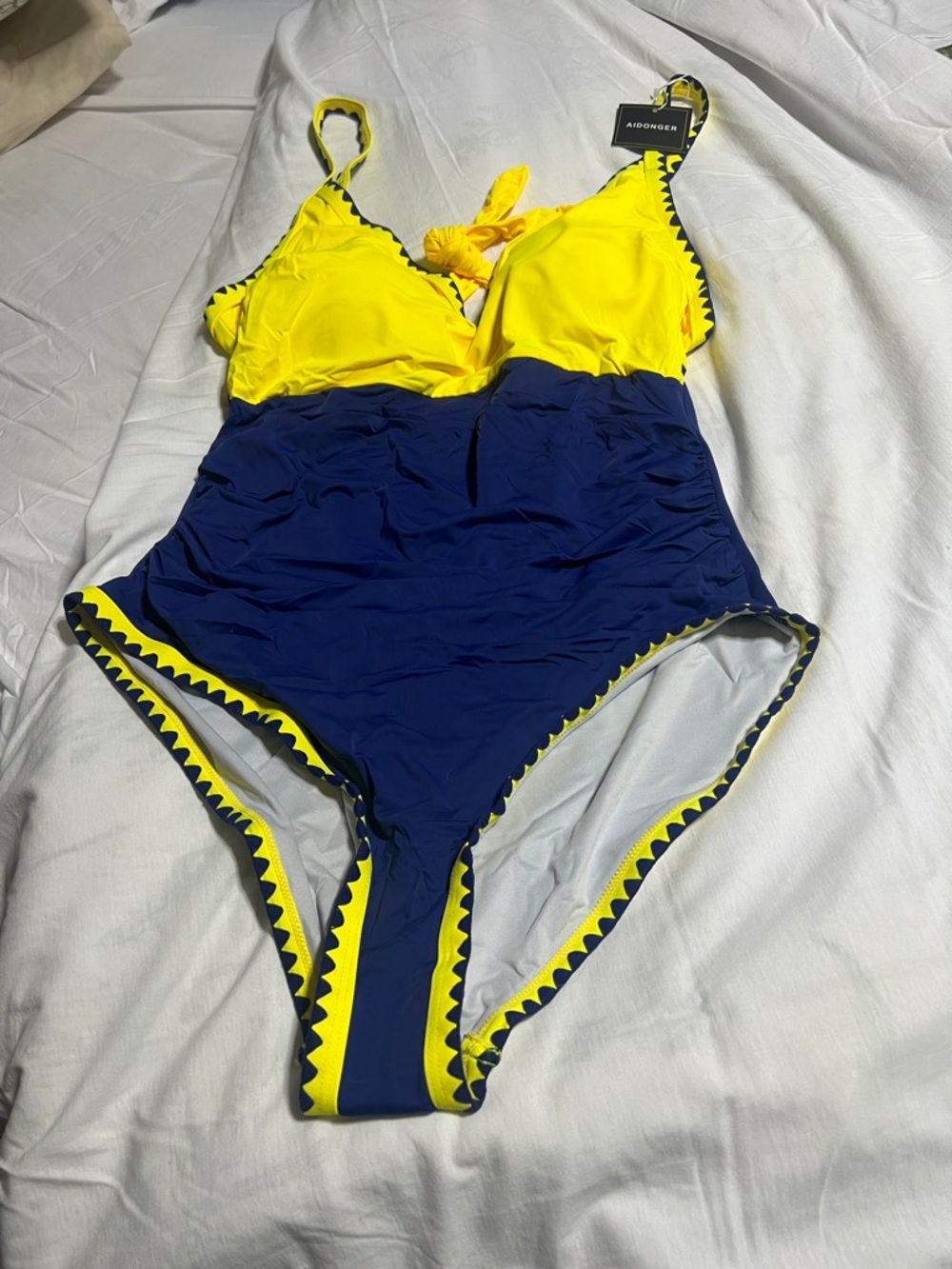 Aidonger Yellow and Navy Colorblock One-Piece Swimsuit